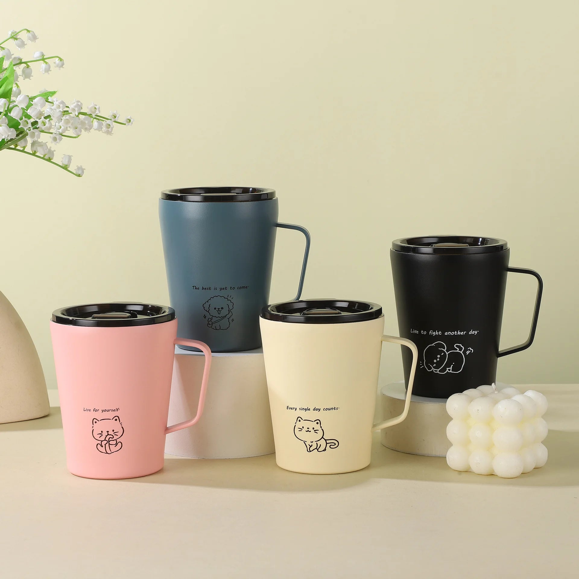 Custom Cartoon Double Wall Vacuum Insulated Stainless Steel Tumbler for Coffee Milk Tea Water with Handle for Home Office Use