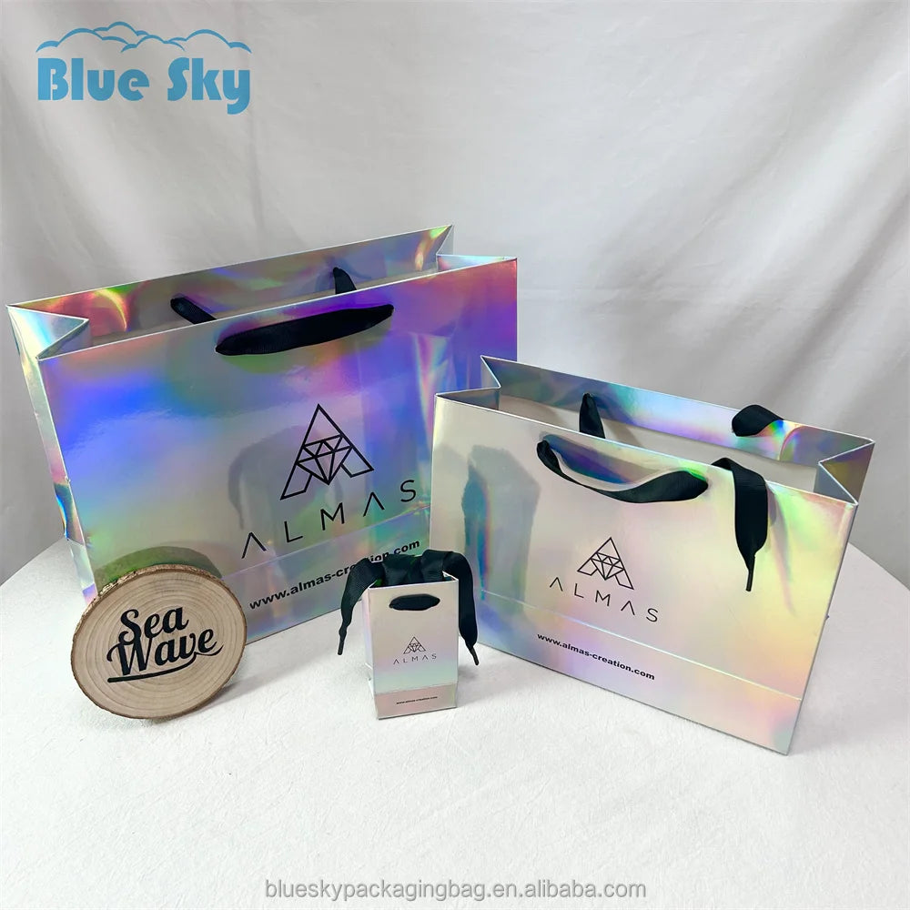 Retail Luxury Mirror Cardboard Shopper Holographic Custom Logo Clothing Packaging Carrier Hologram Paper Shopping Bag