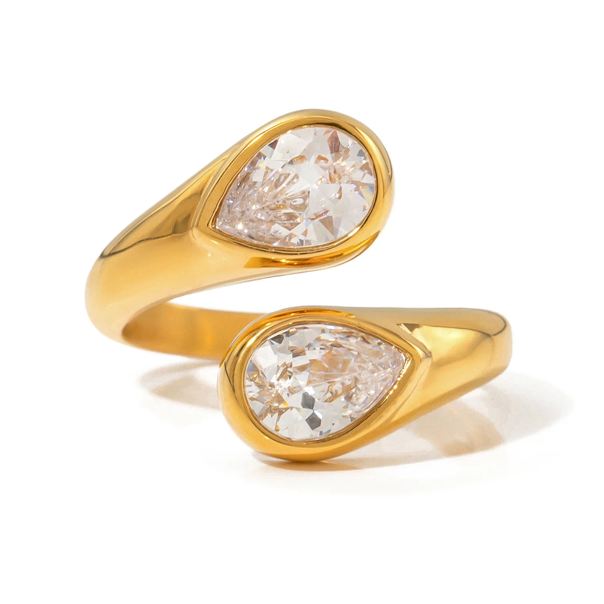J&D Dainty Luxury Stainless Steel Women Jewelry Rings 18K Gold Asymmetric Water Drop Zircon Open Rings