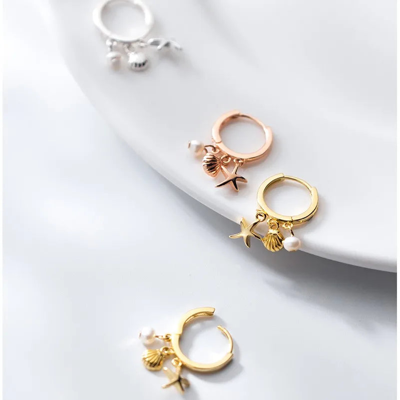 925 Sterling Silver Starfish Shell Pendant Earings Rose Gold Plated Fresh Water Pearl Hoops Earrings Fashion Jewelry for Women