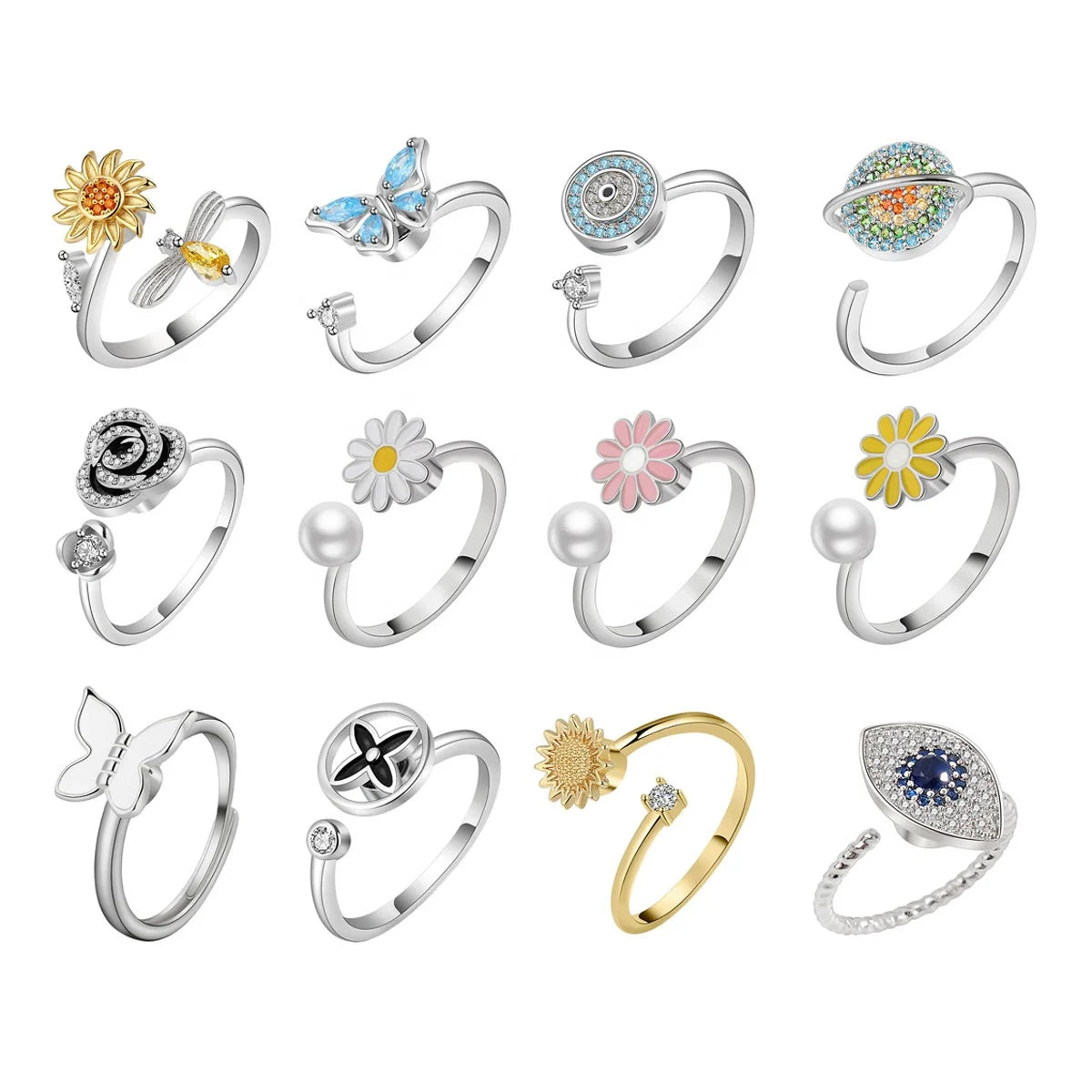 Wholesale 925 Sterling Silver Open Adjustable Size Rotating Spinner Relief Fidget Anxiety Ring for Women