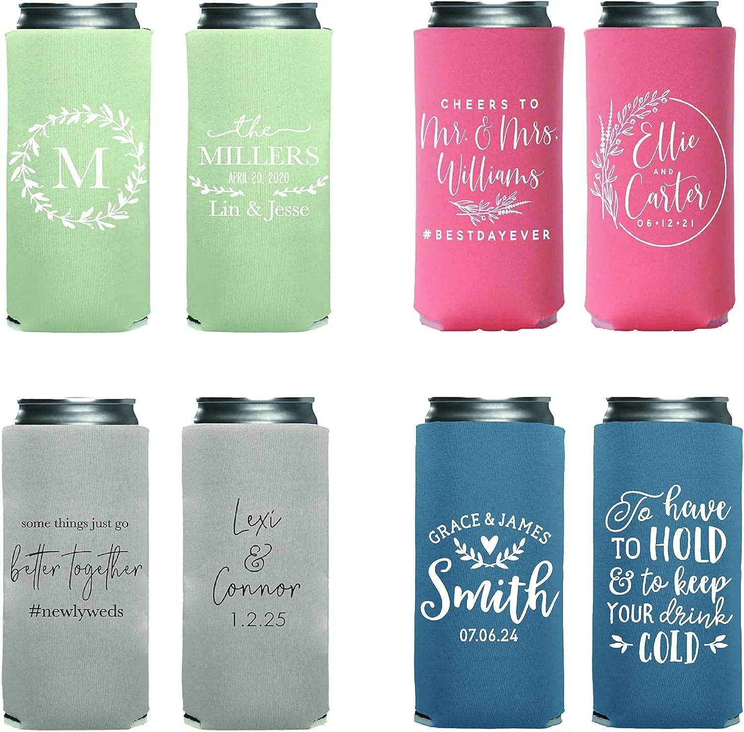 Custom Personalized Monogram Wedding Regular and 12oz Slim Soft Insulated Neoprene Beer Can Hugger
