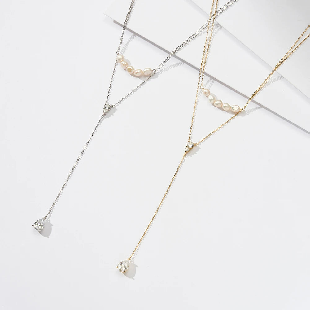 Jiangyuan Dainty Y-Shaped Layered Chain Necklace 14k Gold Cultured Freshwater Pearl Lariat Necklace for Women Girls Gift