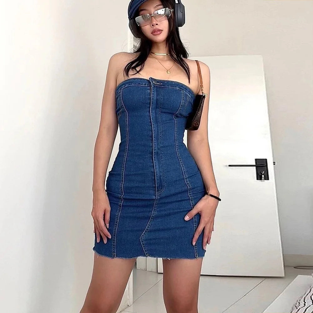 OUDINA New Wrap Chest Zipper Stitching Short Bodycon Wash Jean Dresses Denim Dress Women