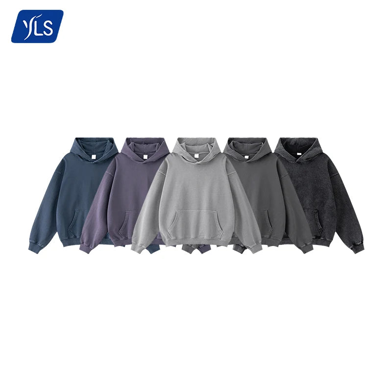 YLS Heavyweight 380G Stringless Men Oversized French Terry Washed Solid 100% Cotton Winter Hoodies Unisex Custom with Pocket