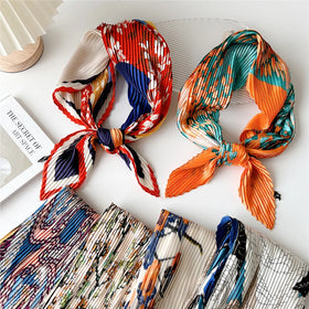 Custom Pleated 70*70cm Square Scarf Wrinkled Headscarf Red Orange Print Foulard Female Wrinkle Scarfs Decorative Scarves