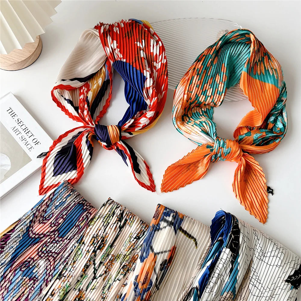 Custom Pleated 70*70cm Square Scarf Wrinkled  Headscarf Red Orange Print Foulard Female Wrinkle Scarfs Decorative Scarves
