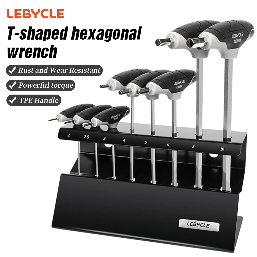 LEBYCLE MTB Road Bike T-Handle Hex Wrench Set 2-10MM Bicycle Dual-Head Hex Wrench Kit Rubber Handle Cycling Shop Repair Tools