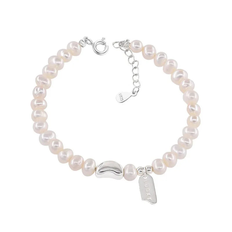 S925 Sterling Silver Lucky Square Freshwater Pearl Bracelet Female Ins Simple Versatile Broken Silver Lucky Beans Bracelet