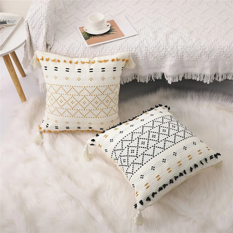 Amity Home Decor 45X45 Brown Moroccan Tassels Boho Embroidery Tufted Decorative Throw Pillow Case Cushion Covers