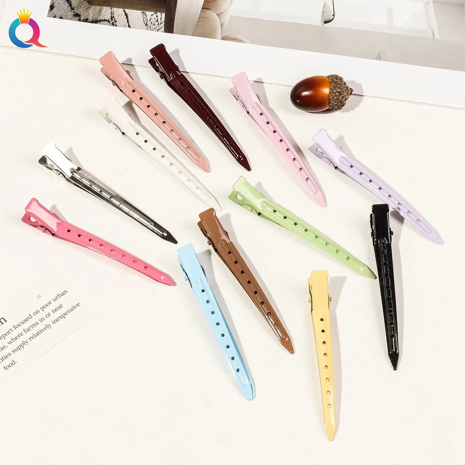 QIYUE 5 Piece Set 9CM Solid Color 8-Hole Duckbill Metal Clips Candy-Colored No Trace Styling Bangs Hair Clips Women's Hair