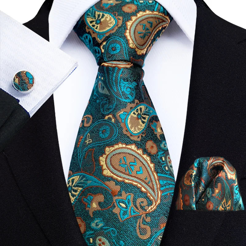 Green Paisley Polyester Neck Ties for Men Luxury 8cm Wide Tie Pocket Square Cufflinks Set Christmas Gifts for Men