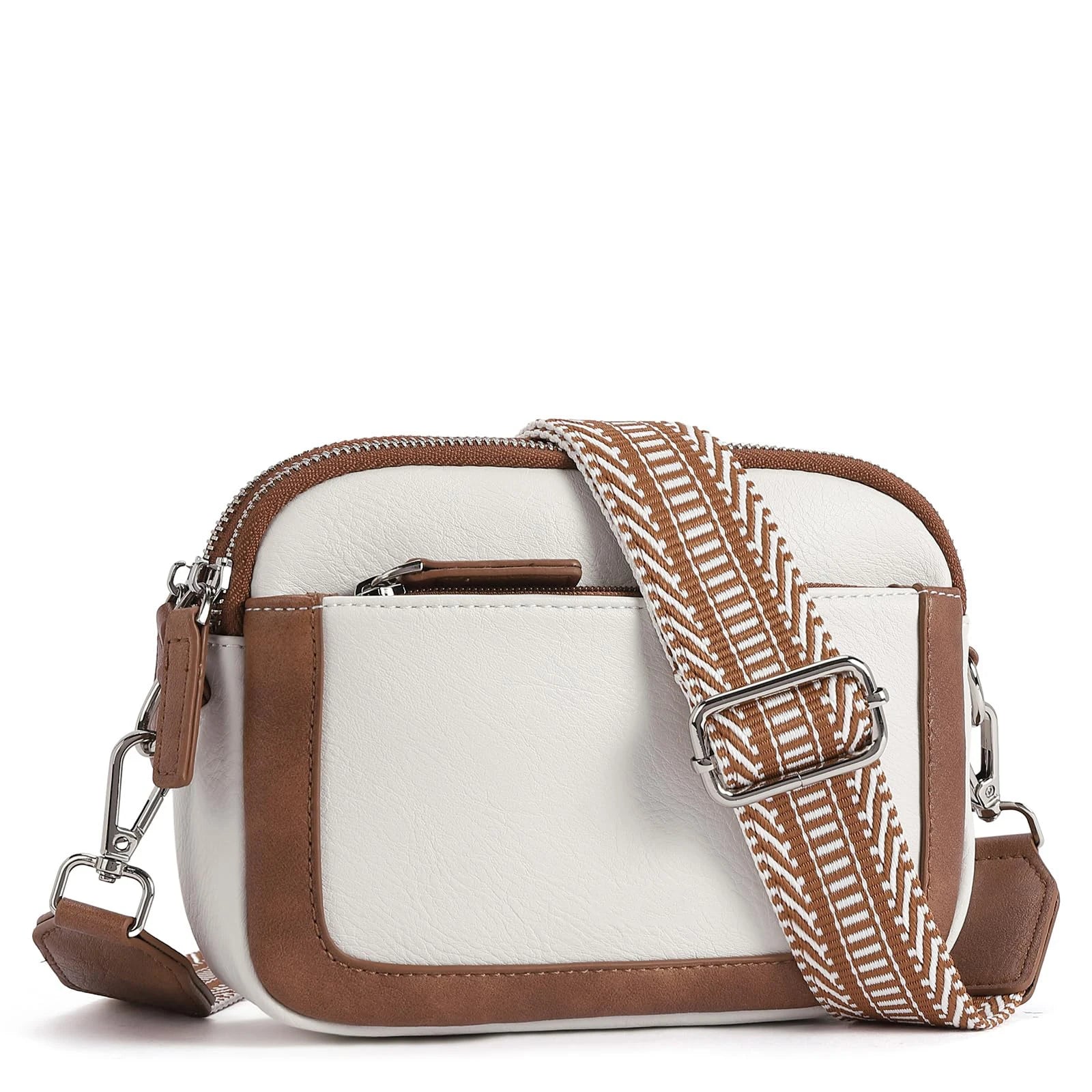 White and Brown Waterproof Crossbody Leather Fannypack Purse Bag for Women Ladies Female