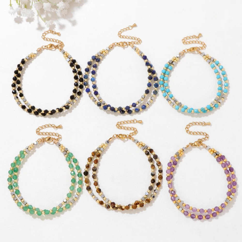 New Double Layer Natural Stone Faceted Crystal Bracelet 18k Gold Stainless Steel Beads Bracelet