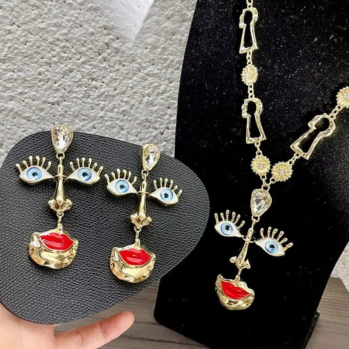 Vintage Big Red Lip Nose Eye Pendant Earrings Necklace Set