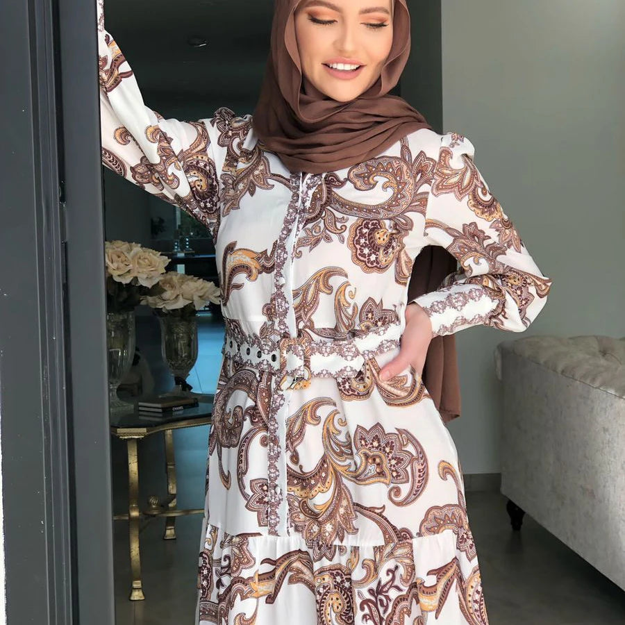 MOTIVE FORCE Maxi Dress Ladies Muslim Modest Islamic Dress Cuffs Tightened Thin Waist Brown Print Muslim Dress Islamic Clothing