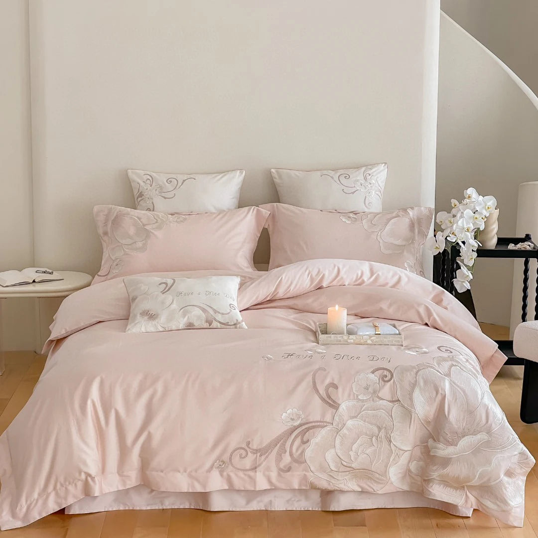 High-end pink Girl Rose Embroidery Quilt Cover High-end king Queen Size Cotton White Bed Sheet Home Textile Bedding Set Supplier