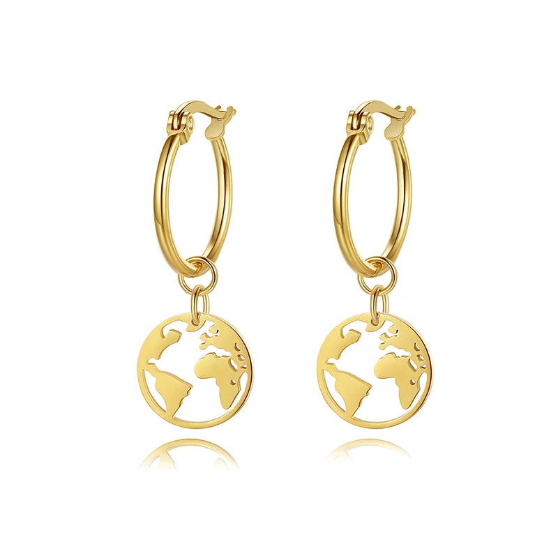 Ins Fashion Travel Earrings - 18K Gold PVD World Map Pendant with Hoop Chain Minimalist Dangle Jewelry Gift
