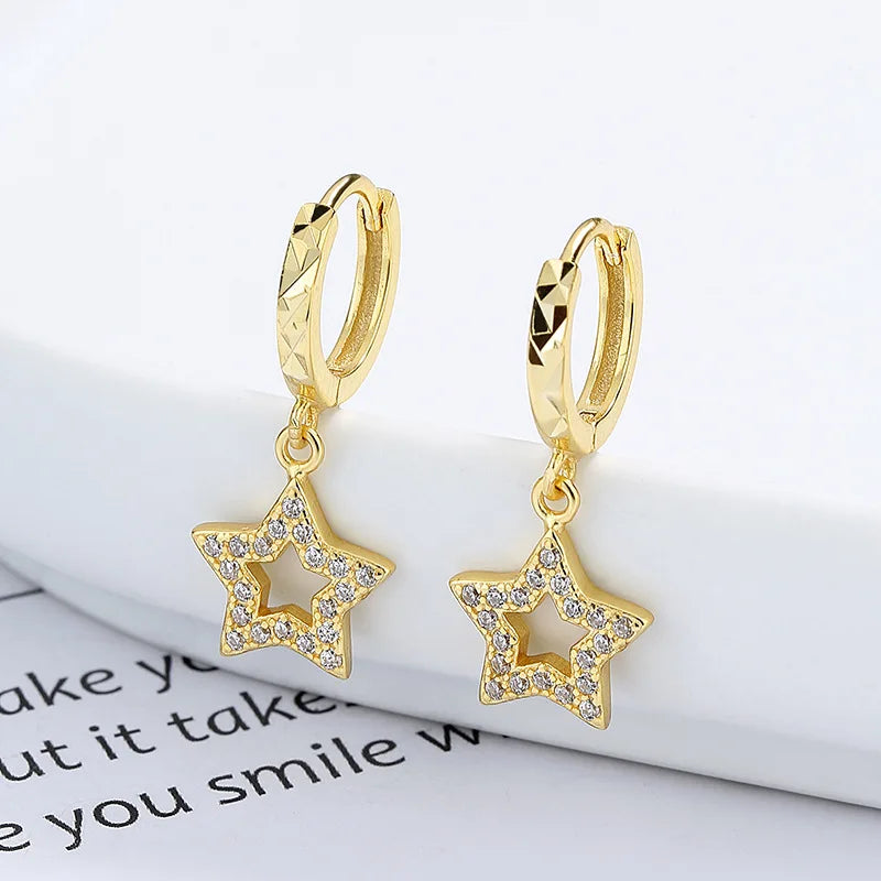 American European 925 Sterling Silver Hollow love Heart Star Zircon Gold Plated Hoop Earrings for Women Valentine's Day