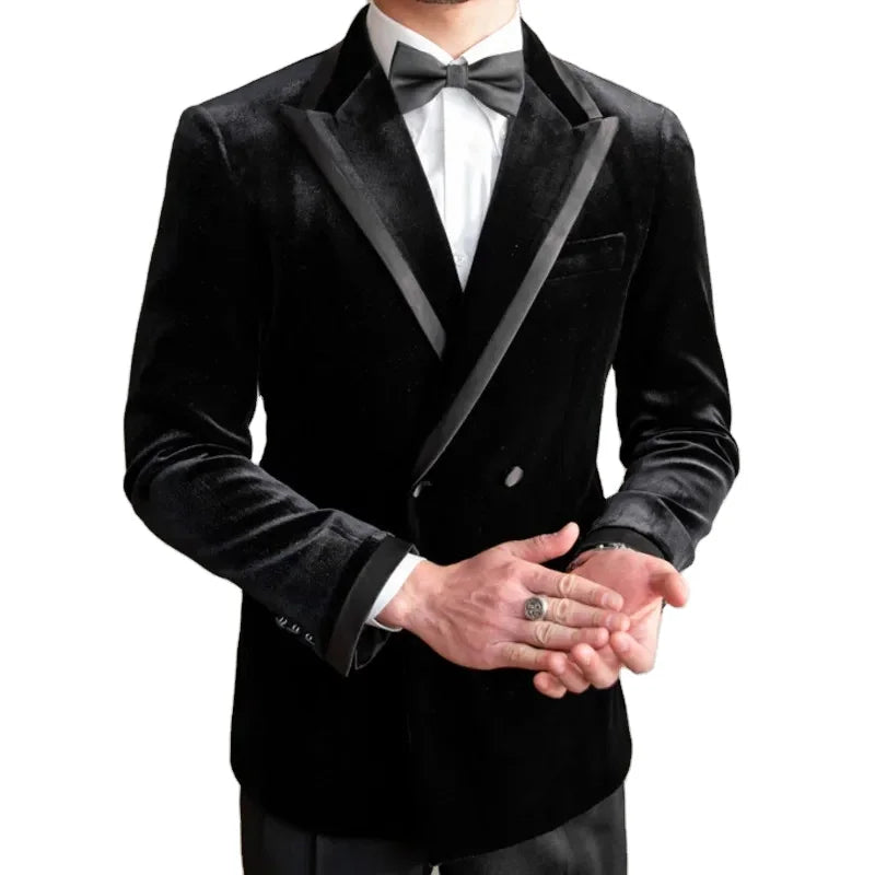 Men's Suits Black Velvet Blazers Pants 2 Pieces Double Breasted Casual Jacket Wedding Business Dress Coat Social Banquet Suits