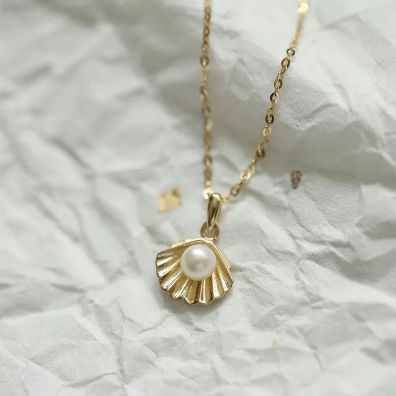 Fashion Minimalist Jewelry 925 Sterling Silver Summer Simple Shell Pearl Gold Plated Necklaces for Women