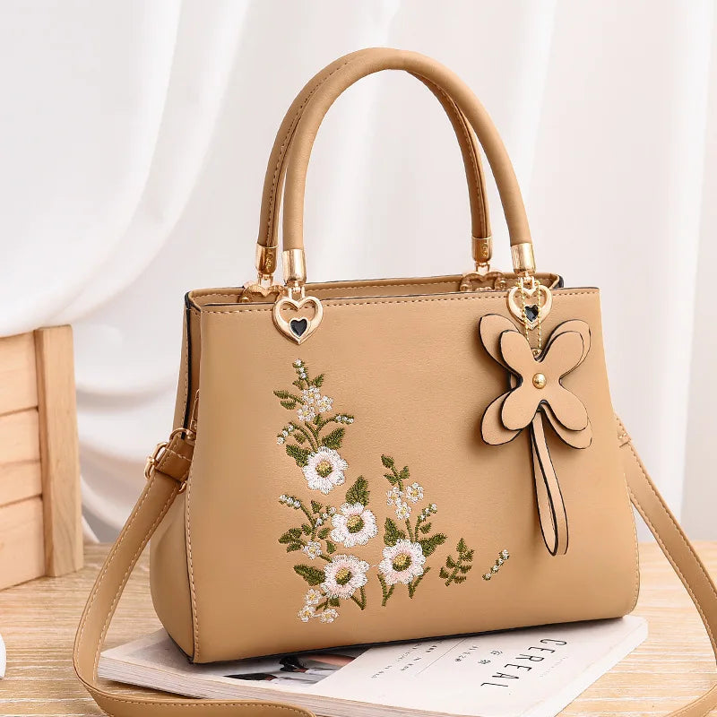 China New Product Leather Colour Brown Embroidery Custom logo Ladies Hand Bags Large Size