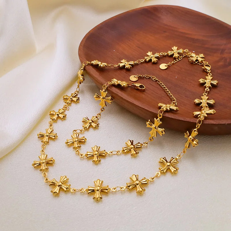European and American Roman Byzantine Retro Style Stainless Steel Cross Niche Personality Short Collarbone Chain with Bracelet