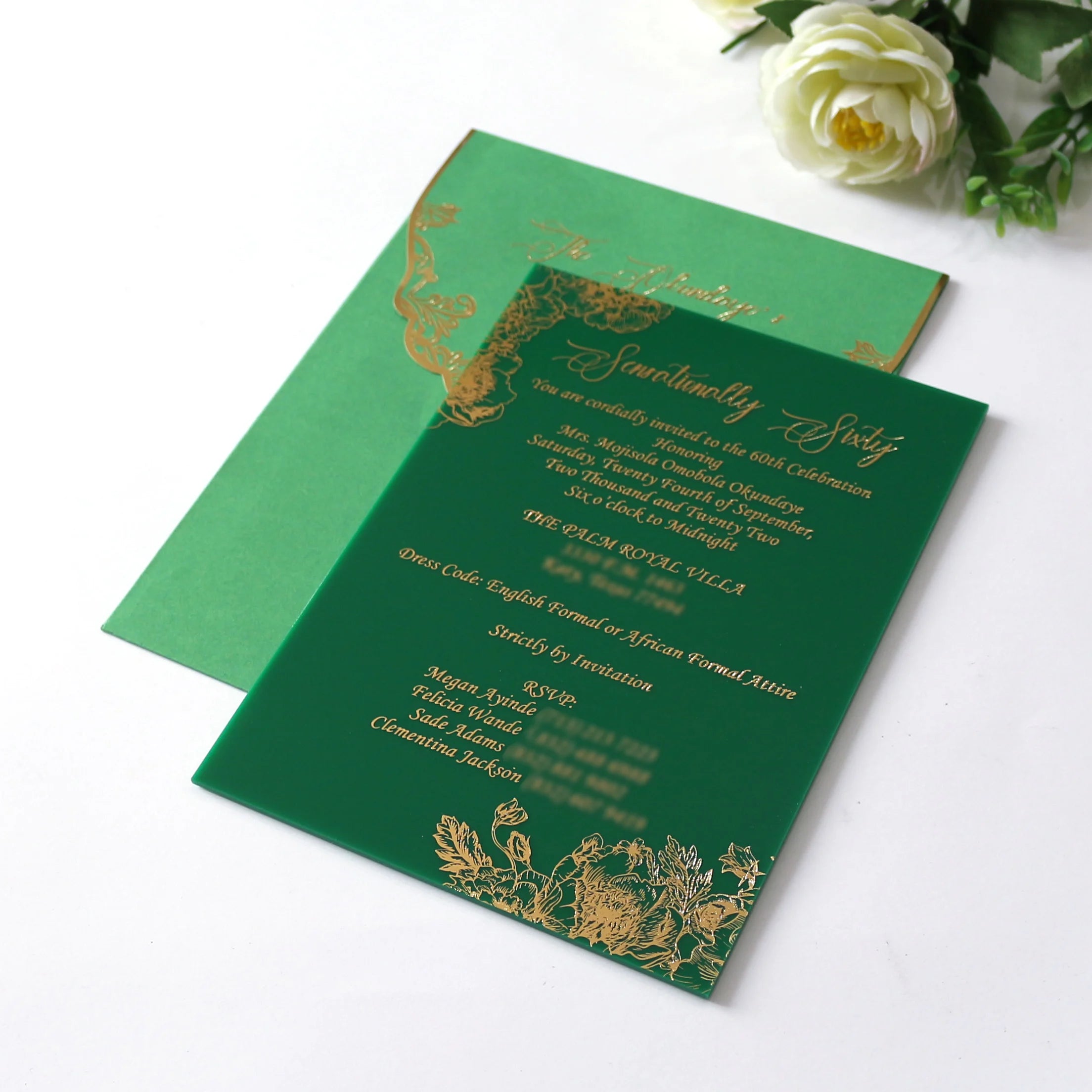 Unique Green Acrylic Card Hot Stamping Acrylic Birthday Thank You Card Gold Foiling Wedding Invitations with Pouch Envelope