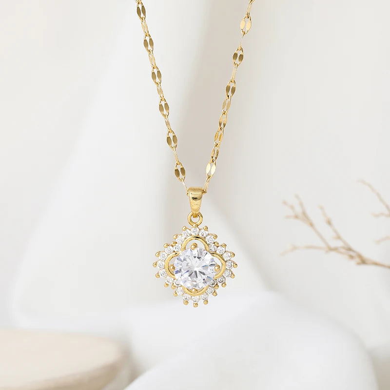Luxurious High-quality Stainless Steel Four-leaf Clover Necklace for Women Set with AAA-grade Zirconia