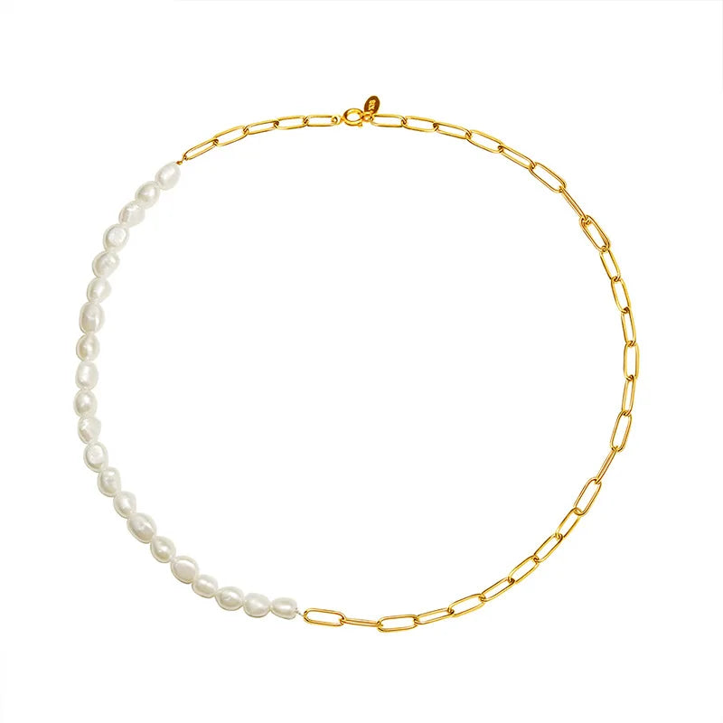 Waterproof & Tarnish Free 18K Gold Plated Paper Clip Freshwater Pearl Stainless Steel Necklace Trendy Jewelry Wholesale