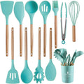 Wholesale Custom Logo 12 in 1 Silicone Kitchen Accessories Kitchenware Cooking Silicone Kitchen Utensils Set with Wooden Handles