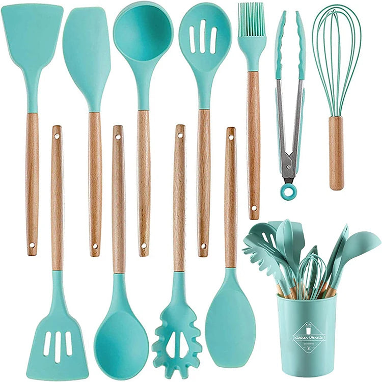 Wholesale Custom Logo 12 in 1 Silicone Kitchen Accessories Kitchenware Cooking Silicone Kitchen Utensils Set with Wooden Handles