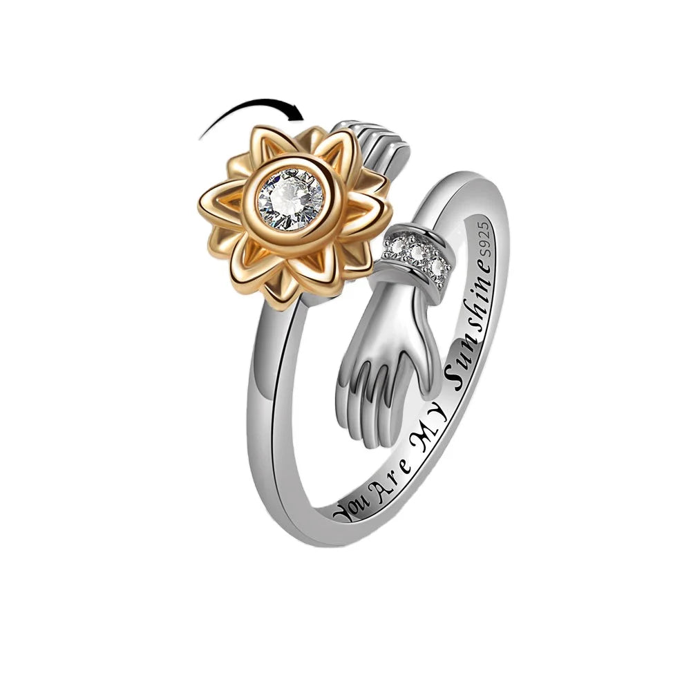 Daidan Hug Ring 925 Sterling Rings Gold Plated Embrace Stress Relief 925 Silver Adjustable Sunflower Anxiety Hug Ring