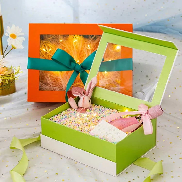 Custom logo Small Display Cardboard Ribbon Foldable Magnetic Transparent Packaging Gift Boxes with Window clear Cover