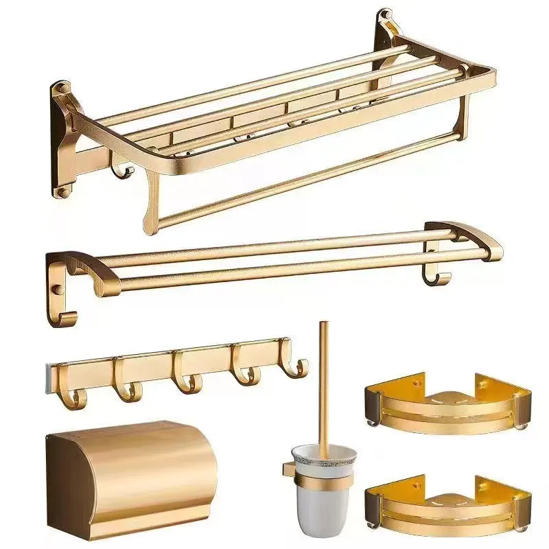 Aluminum Folding Storage Rack Hardware Accessories Set Matte Gold Towel Rack Shelf Toilet Brush Tissue Box Bathroom Products