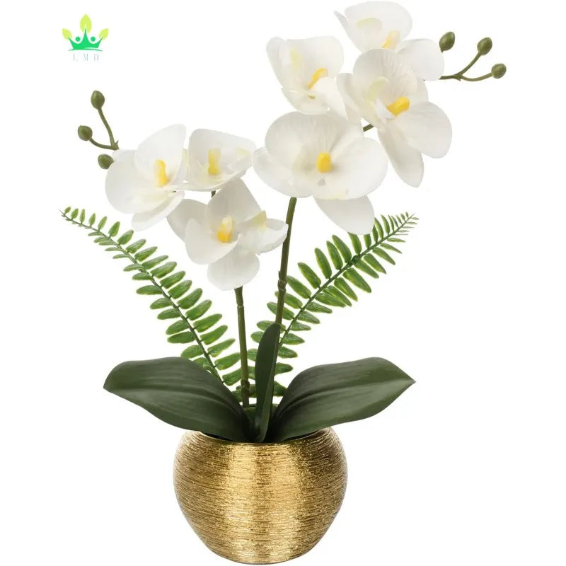 Artificial Flowers Orchid Faux Flowers in Gold Ceramic Vase Real Touch Phalaenopsis Plant for Home Office Wedding Party Decor
