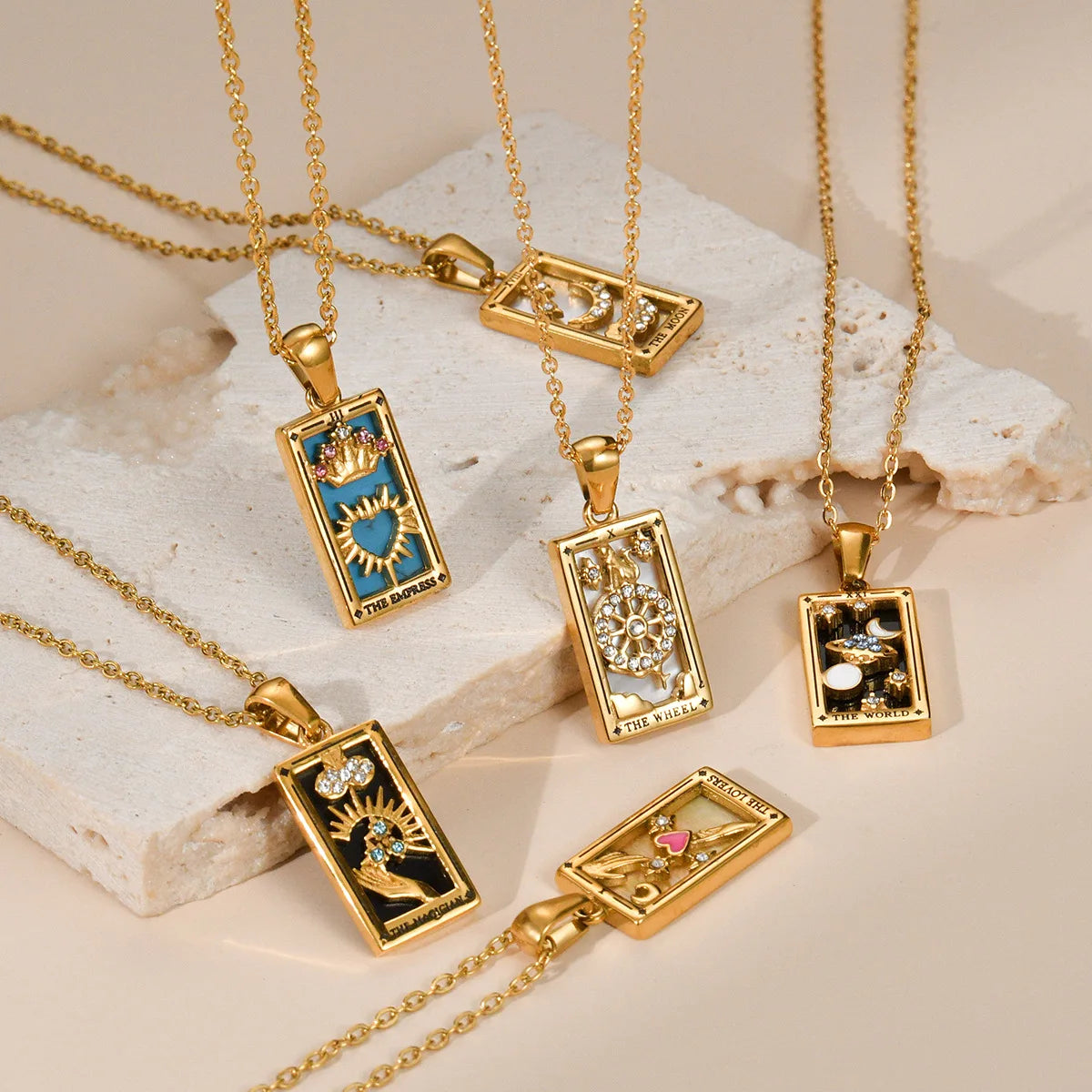 New Square 18K Gold Plated Stainless Steel Trendy Unisex Colorful Enamel Vintage Zircon Tarot Cards Pendant Necklace