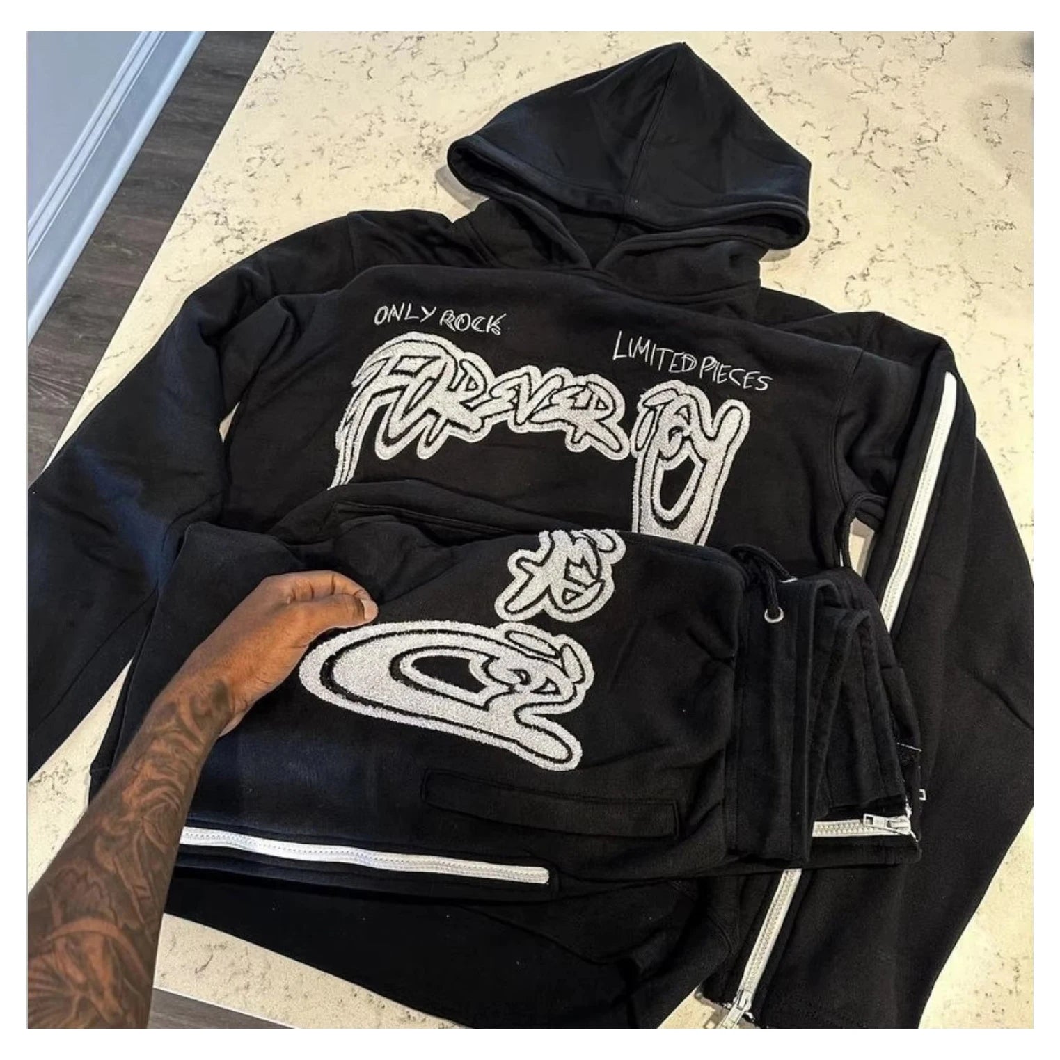 Custom Vintage Hoodie and Flared Pants With Zipper Two Piece Set Chenille Printing Sweatsuit Sun Faded Acid Wash Men Tracksuit