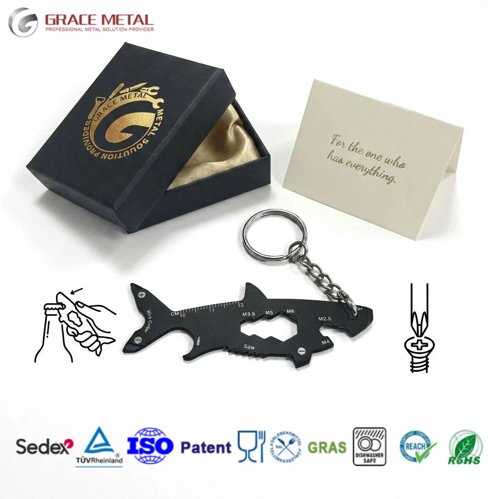 Shark Keychain Multitool Custom Logo 15 in 1 Metal Survival Tools Small Designer Souvenirs Business Gift EDC Multi Tool Keychain
