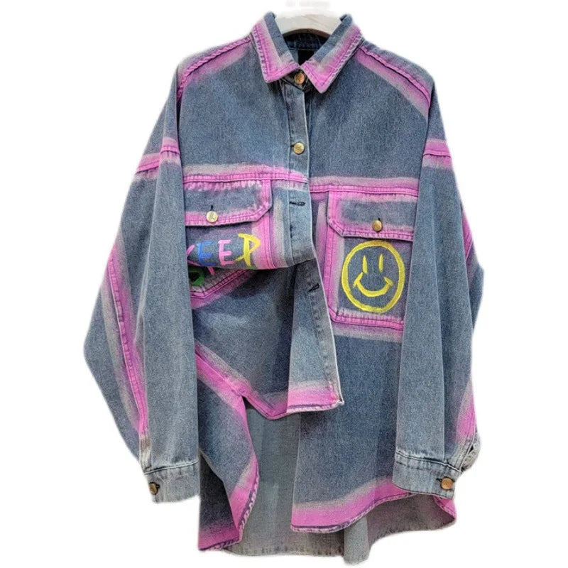 Wholesale 2026 Autumn New Printed Denim Loose Casual Design and Spliced Women's Shirts