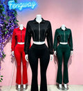 2026 Fashionable Women's Two-piece Set Featuring a Color-block Design with a Zipper and a Slightly Flared Silhouette