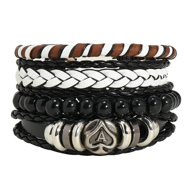 Vintage Black Women Men Woven Leather Letter a Heart Bead Charm Bracelet
