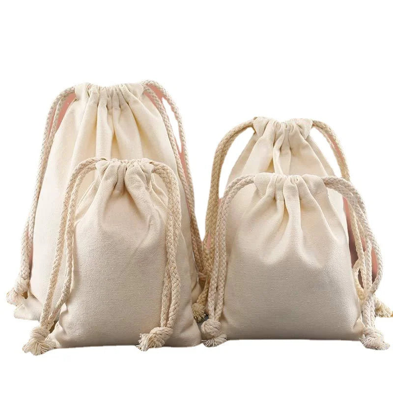 Personalized Custom Logo Small Jewelry Packaging Wedding Favor White Cotton Canvas Drawstring Pouch