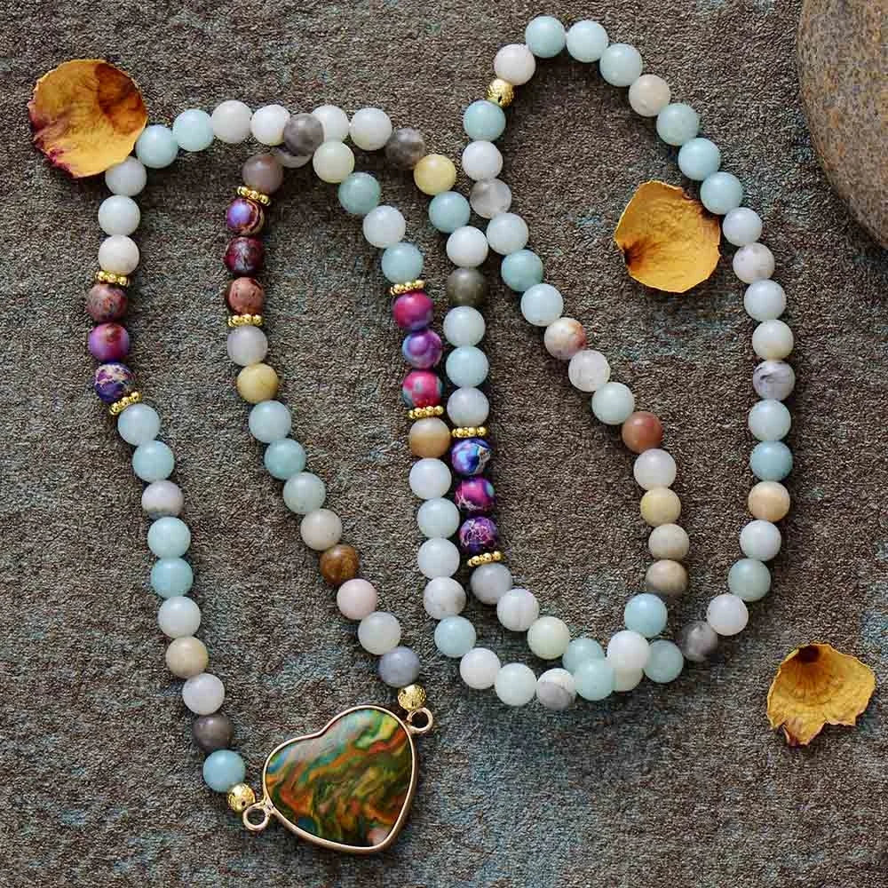 Handmade 108 Bead Prayer Mala Sunstone Amethyst Turquoise Lotus Charm Long Spiritual Elastic Necklace for Wedding Party Buddhist