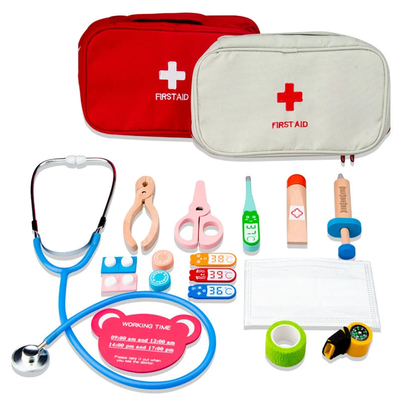 17pcs Wood Medical Kit Pretend Play Toy Set for Doctor Nurse Dentist & First Aid Role Play Kids' Outdoor Simulation Game Gift