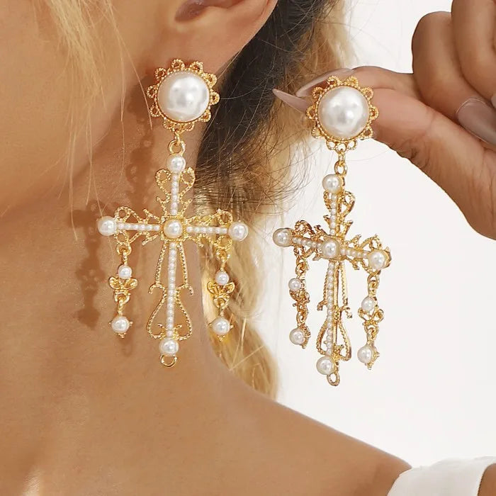 Female Baroque Pearl Cross Tassel Earrings Vintage Palace Jewelry Drop Earrings for Women