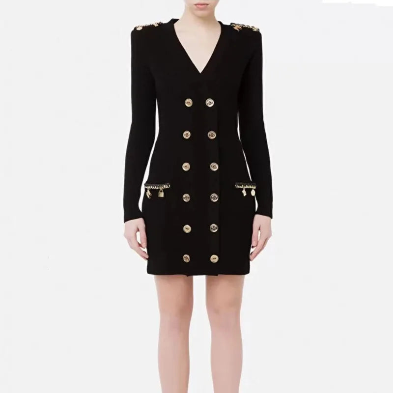 2025 Russian INS Style Knitted Dress Floral Heavy Industry Tempered Chain Metal Buckle Solid Shoulder Diamond for Spring Summer