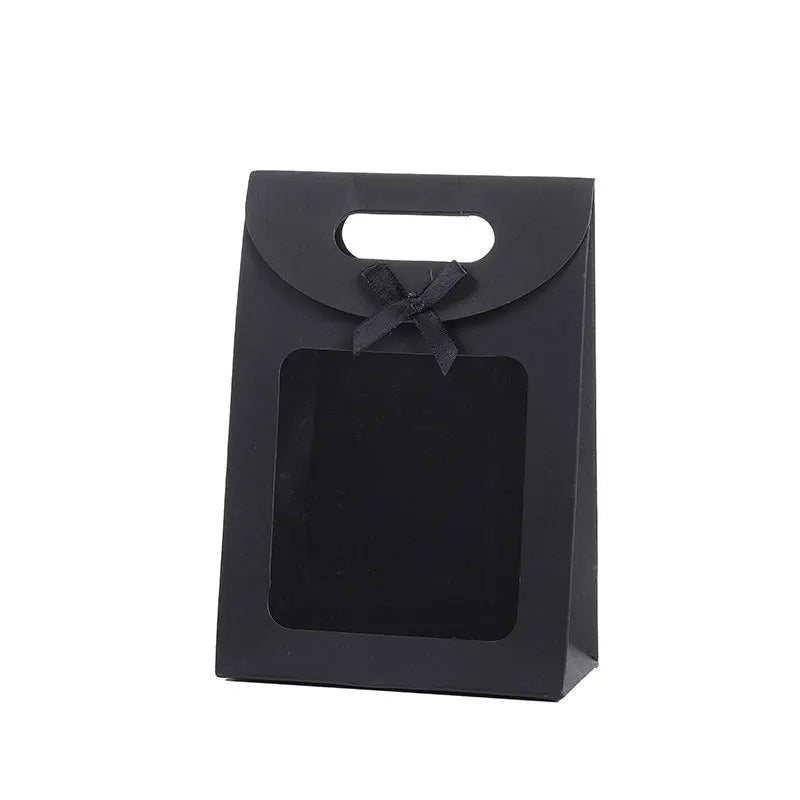 China Yiwu Suppliers Wholesale Craft Paper Material Food Package Transparent Window Black Gift Bag for Wedding Parties Souvenirs