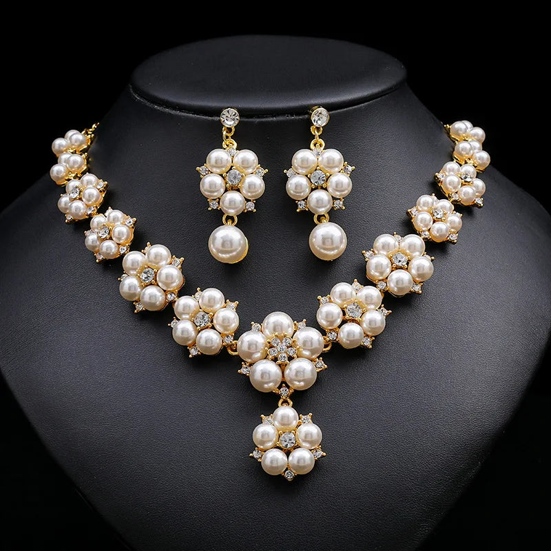 Fashion Jewelry Sets Women Bridal Girls Flower Necklace Earring Gold Plated Pendant Pearl Necklace Earrings Sets