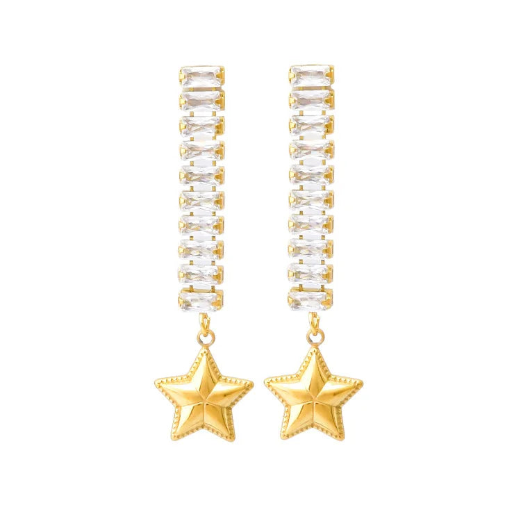 2022 Luxury Design Gold Plated Square Cz Zircon Star Earring Stainless Steel Zirconia Star Pendant Earring for Party